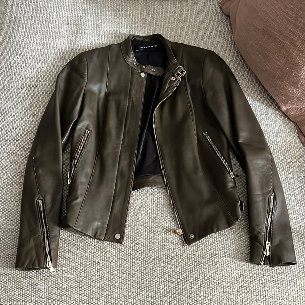 Zara asymmetrical genuine leather Moto jacket olive green